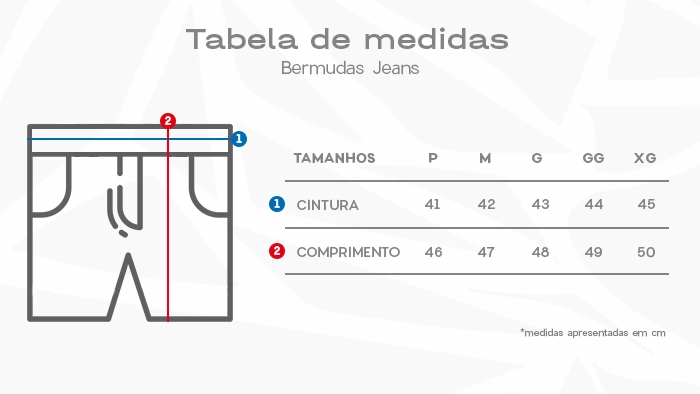 Tabela de medidas do produto